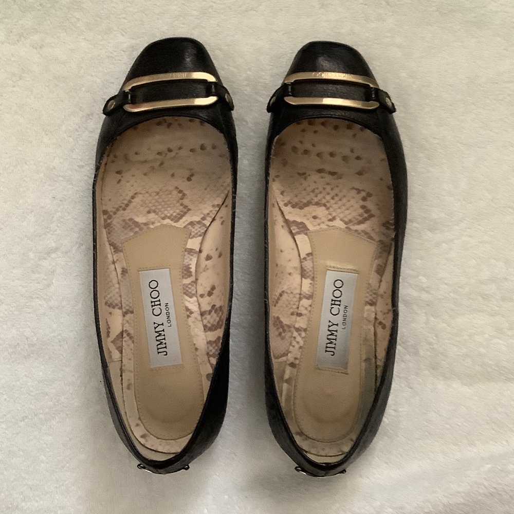 Jimmy Choo Black Leather Flats with Gold Bar Detail Size 37